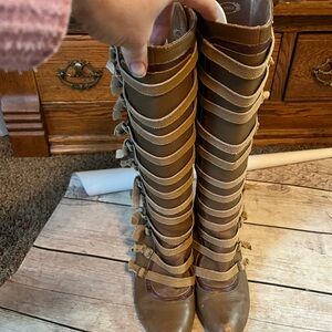 Joyfolie Tan Strappy Knee high Boots